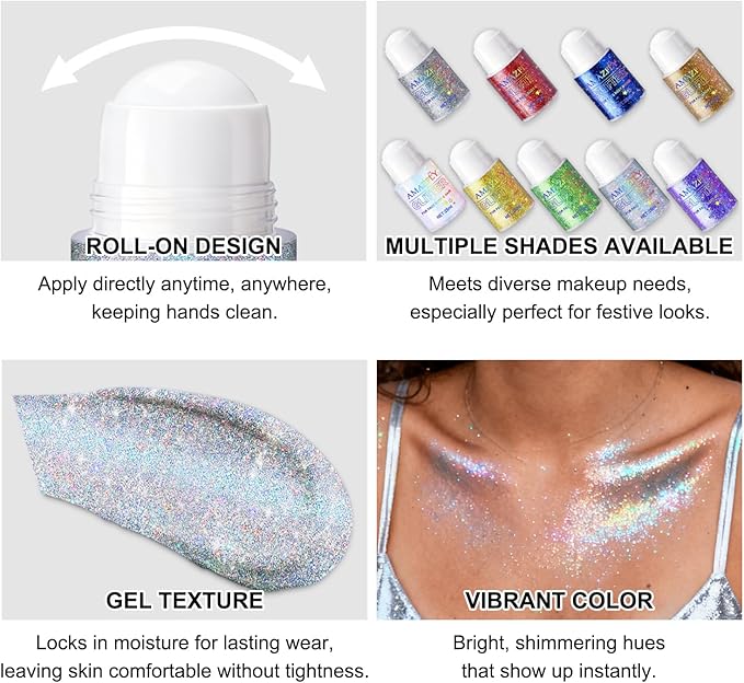 Roll-on Body Glitter Gel Holographic for Face and Hair,Body Glitter Gel Makeup for Kids Women,Body Shimmer Christmas Makeup for Rave Party.(Glint-Rainbow)