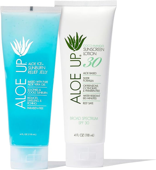 ALOE UP White Collection Sunscreen Lotion SPF 30 and Aloe Ice Sunburn Relief Jelly - Bundle with Face and Body Sunscreen Protector and After Sun Gel - With Pure Aloe Vera - Reef Friendly - 2 Items