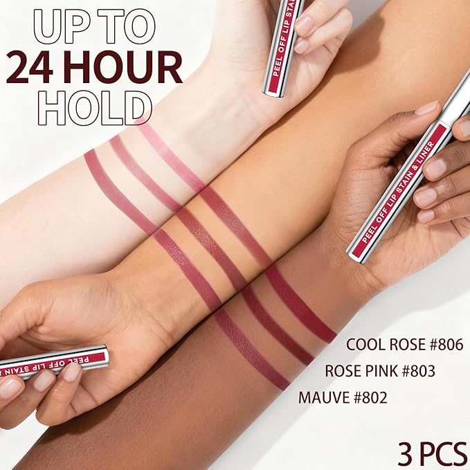 3Pcs Lip Stain Peel Off Set with Tweezer, Peel Off lip Liner Stain Long Lasting Waterproof, Matte Lip Tattoo Tint Transfer Proof, Highly Pigmented Color Lip Makeup(#802+803+806)