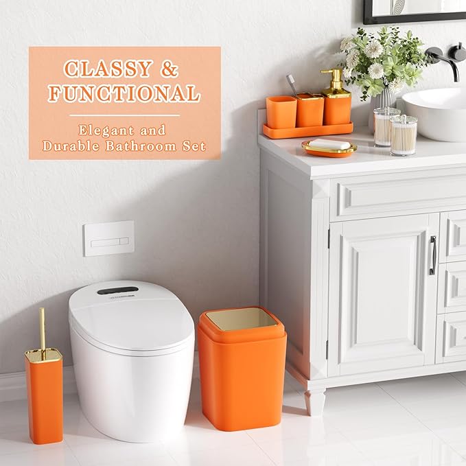 XLHOMO Orange Bathroom Accessories, 24 Pieces Orange and Gold Bathroom Accessories Set with Shower Curtain, Bath Towels, Trash Can, Soap Dispenser and Soap Dish for Bathroom/Housewarming