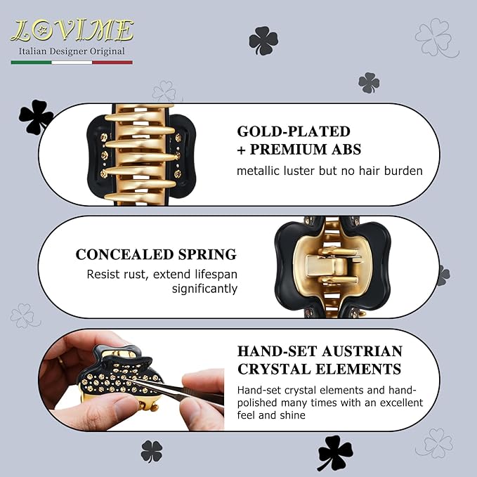 18K Gold Plated Small Claw Clips - 1.7 Inch Cute Rhinestone Hair Clips for Women Girls Thick Thin Hair, Premium French Hair Accessories for Half-Up, Birthday Valentine's Gift for Her, Black
