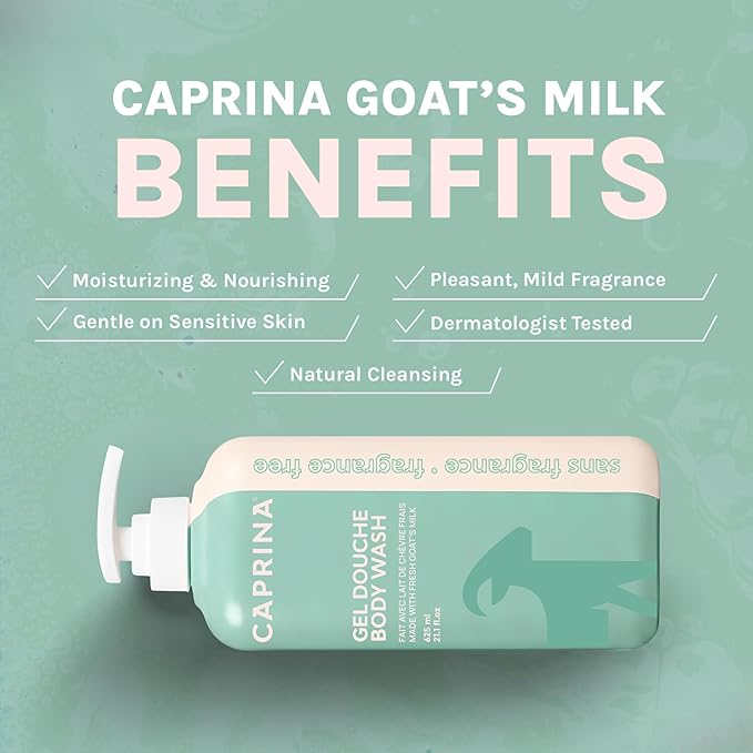 Caprina Fresh Goat’s Milk Body Wash, FRAGRANCE FREE, 625 ml, Moisturizing Cleanser for Normal Skin, Gentle Daily Hydration