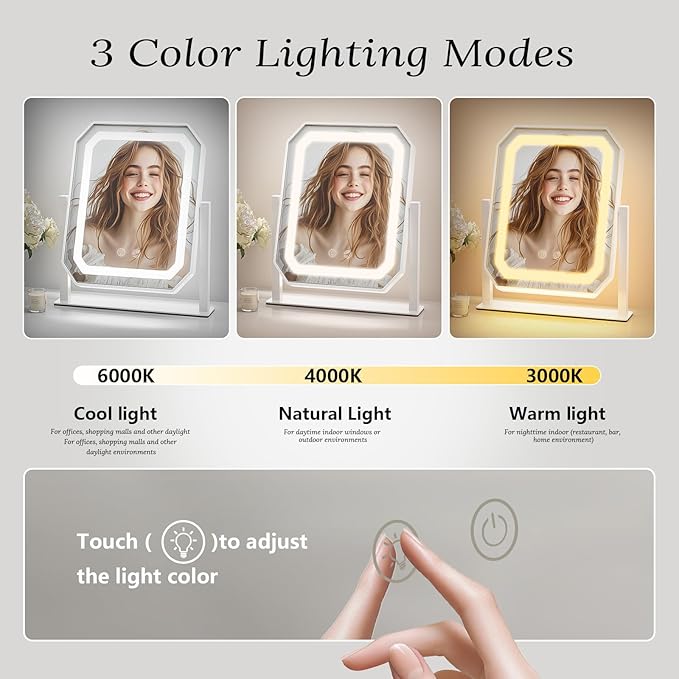 Lighted Makeup Mirror, 3 Colors for Precise Application, Touch Control Brightness Adjustment for Easy Use, with a Detachable 10x Magnifying Mirror, 12" x 10" Hollywood Vanity Mirror for Plug-in Use