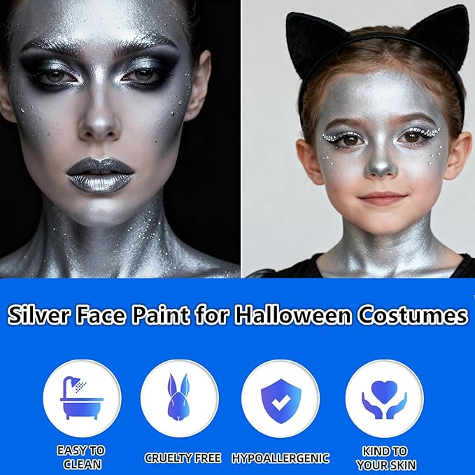 Go Ho Metallic Silver Body Paint Washable(2.37oz/pc),Water Based Cream Silver Face Body Paint,Full Professional Face Paint for Halloween Costumes Festivals Cosplay SFX Makeup