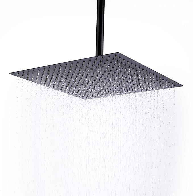 Shower Head,16 Inch Ultra Thin High Pressure Fixed Rain Showerhead Matte Black with Silicone Nozzle - Adjustable Metal Swivel Ball Joint - For the Best Relaxation and Spa