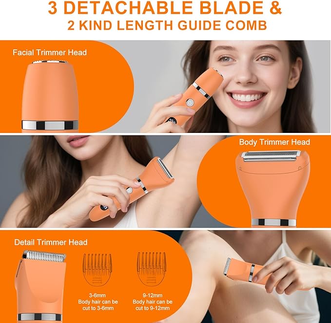 3-in-1 Electric Razor IPX7 Waterproof Bikini Trimmer Wet & Dry Use Painless Personal Trimmer Groomer for Ladies Face Body Legs Bikini Public Hairs Electric Lady Shaver with Replaceable Heads