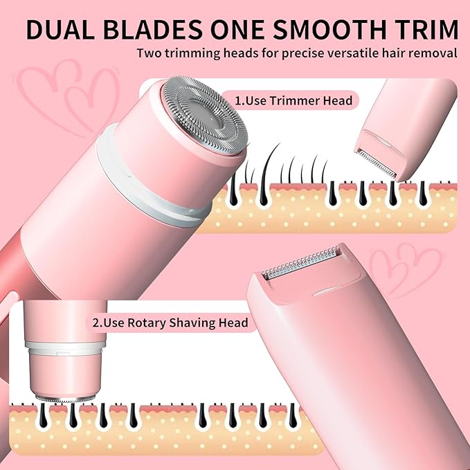 Bikini Trimmer for Women - 2 in 1 Painless Electric Razors for Women, IPX7 Waterproof Rechargeable LED Dual Head Electric Shaver for Lady Bikini Underarm, Body, Leg, Face Hair Remove (Pink)