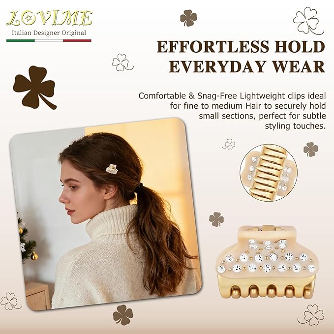 1.2" Mini Clover Claw Clips for Girls Kids - 18K Gold Plated Small Beige Hair Clips for Side Bangs & Braids, Rhinestone Hair Accessories for Fine Hair, Cute Birthday Gift for Daughter