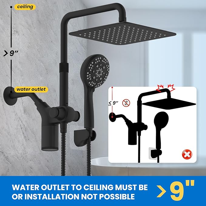 Ryamen Upgraded Dual Shower Heads Combo, 10 inch Filtered Shower Head with Handheld, 3-Way Rain Shower Head with Filters, 7 Settings Handheld Spray, High Pressure, Height Adjustable (Black)