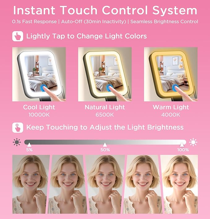 EAONE Travel Makeup Mirror with Lights, Double Sided Magnifying Vanity Mirror 10X/1X with 3 Color Lighting & Dimmable Touch Screen, Compact Handheld Cosmetic Mirror for Bathroom, Women Gifts (Black)