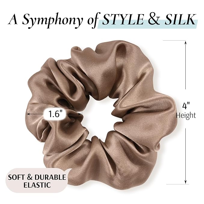 Zenssia Silk Scrunchies for Hair, Mulberry Silk Hair Ties for Women and Girls, No Damage Elastic Ponytail Holders（Coffee, 3 Pack）