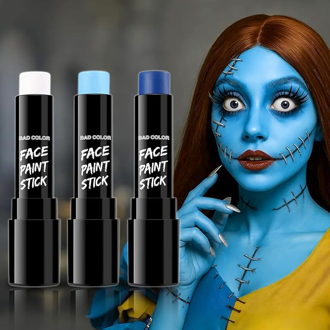 BADCOLOR 3PCS Blue White Light Blue Face Body Paint Stick Makeup for Sally/Corpse Bride SFX Cosplay & Dress Up, Full-Coverage Halloween Facepaint Makeup Kit