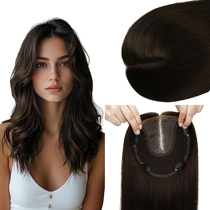 HAIR Toppers for Women Real Human Hair 6x7 inch 150 Density Base 14 inch 65 grams darkest brown Human Hair Topper for Women with Thinning Hair(#2 14inch)