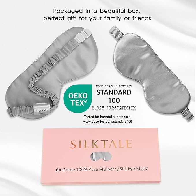 SILKTALE 100% Mulberry Silk Eye Mask for Sleeping with Silk Wrapped Adjustable Strap,Silver Gray