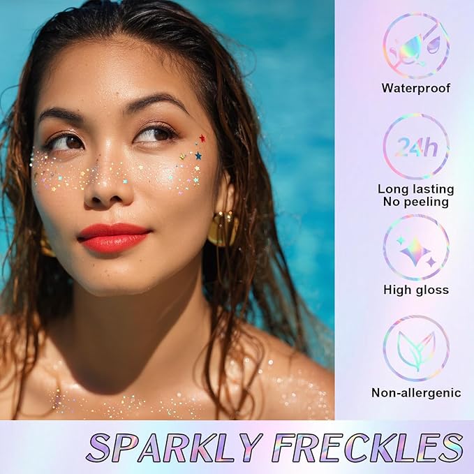 Glitter Freckles, Holographic Face and Body Glitter Tattoo Sparkle for Women Gold Glow Cosmetic Star Makeup Accessories for Festival Rave (Holographic)