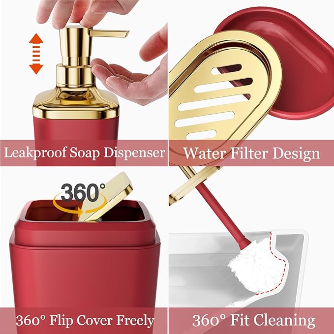 XLHOMO Bathroom Set – Burgundy Bathroom Accessories with Ombre Shower Curtain, Bathroom Accessories Set with Trash Can Soap Dispenser Soap Dish for Home