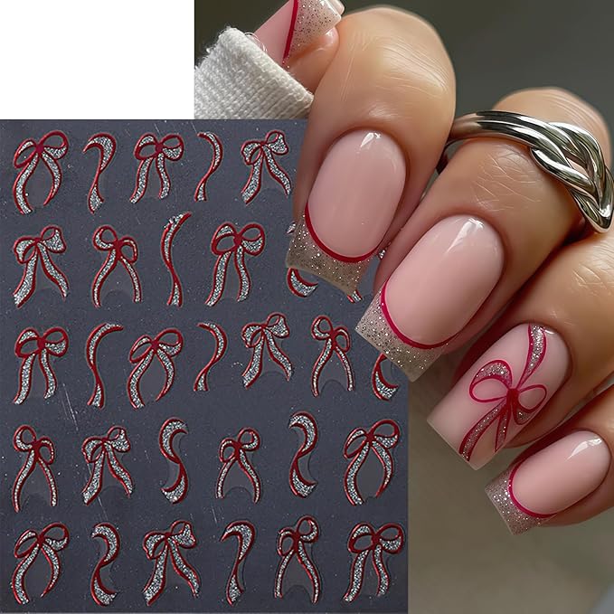 6 Sheets Bow Nail Art Stickers Bows Stickers for Nails 3D Self Adhesive Gold Red Bow Nail Decals Ribbon Bowknot Nail Design Cute Bow Nail Supplies Glitter Bow Stripe Nail Decor for Women DIY Manicure