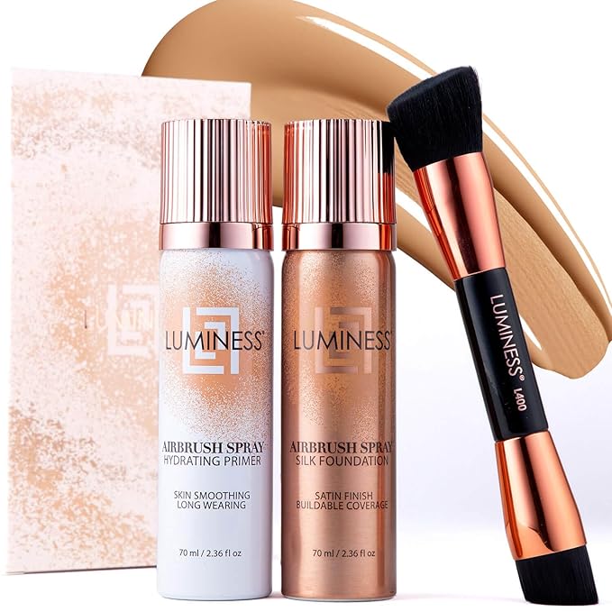 LUMINESS Complete Makeup Kit - Includes Face Palette, Airbrush Foundation, Primer and Brush - Silky, Long-Wearing, Easy to Blend, Perfect Makeup for Older Women, 4-PC Make Up Set (05 - Medium Warm)