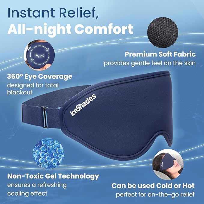 IceShades Cooling Gel Eye Mask for Migraine Relief, Black + Blue Bundle, Tension & Hangover Migraine Mask, Cold Compress for Headache Dark Circles Tired Puffy Eyes, Reusable Ice Pack for Sleeping