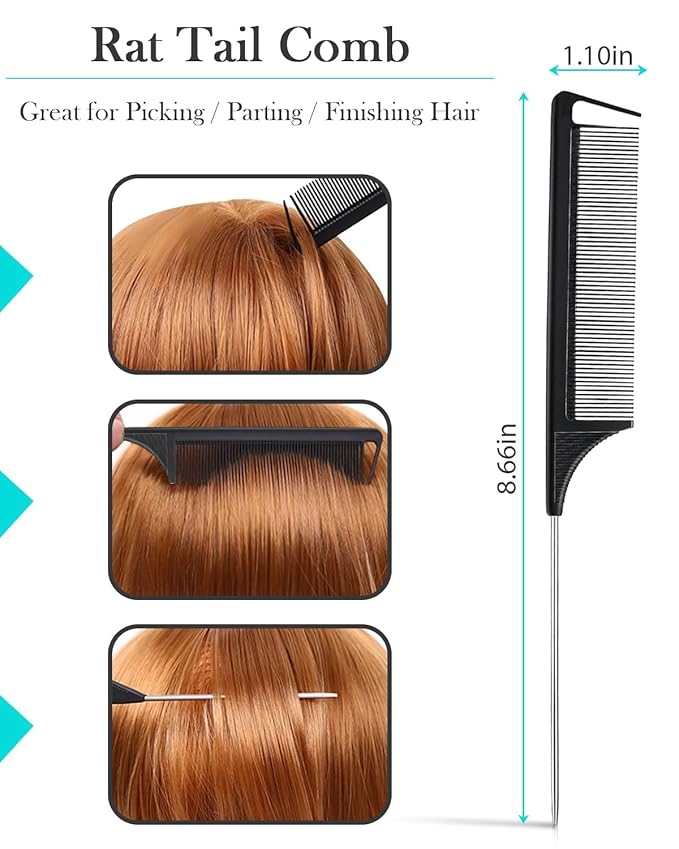 Boar Bristle Slick Back Hair Brush, Rat Tail Comb Set - Soft Bristle Smoothing HairBrush for Women & Men with Fine/Medium Hair - Wooden Teasing Brush - Tames Frizz, Sleek Flyaways, Style Edges