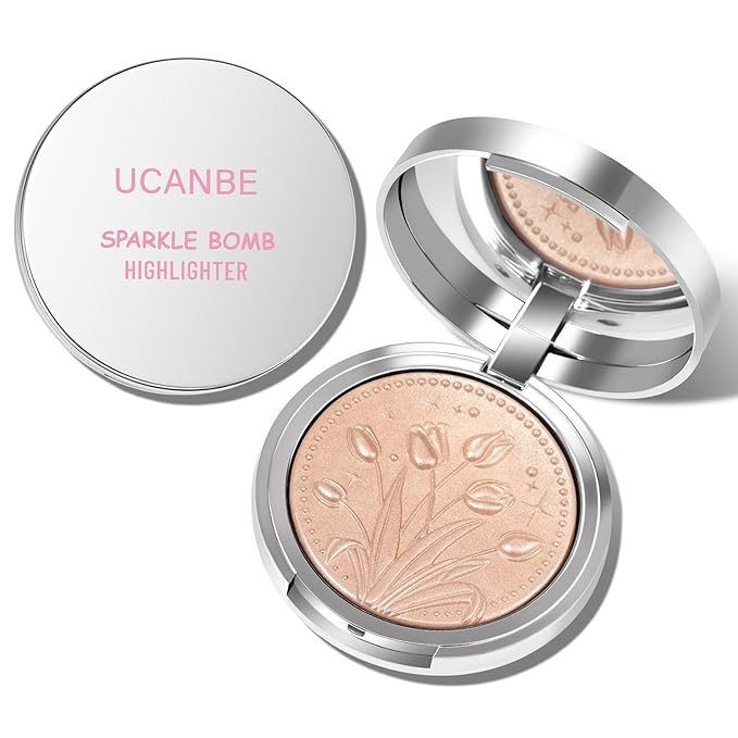 UCANBE Sparkle Bomb Baked Highlighter, Powder Highlighter Makeup, High Glossy Illuminator Palette for Face & Body, Weightless and Buildable (04 Champagne)