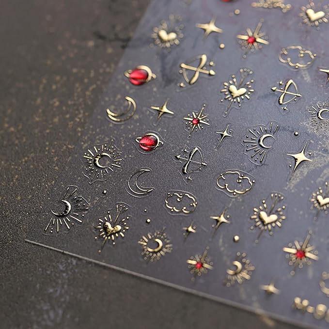 5D Embossed Gold Nail Stickers for Nail Art Star Nail Art Stickers 3D Self-Adhesive Nail Decals Gold Heart Moon Design Nails Charm Nail Supplies Star Manicure Decorations for Women Girls