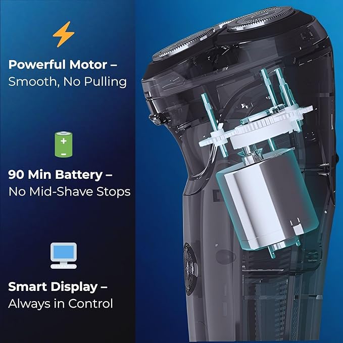 Smart 2-in-1 Electric Rotary Shaver for Men with 4D Floating Heads & Pop-Up Trimmer - USB Rechargeable, Wet & Dry Waterproof Razor with LCD Display (90 Min Runtime)