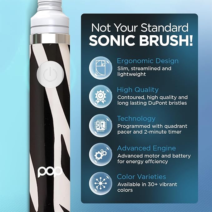 Pop Sonic Electric Toothbrush (Zebra) - Travel Toothbrushes w/AAA Battery | Kids Electric Toothbrushes with 2 Speed & 15,000-30,000 Strokes/Minute, Dupont Nylon Bristles