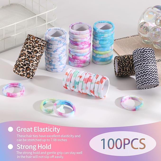 Bessrung 100 PCS No Damage Hair Ties for Women Girls, Seamless Elastic Hair Bands for Ponytails, Thick Thin Hair,Stretchy Snag-Free Nylon Bow Hair Ties Valentine's Day Gift (Leopard Print, Multicolor)