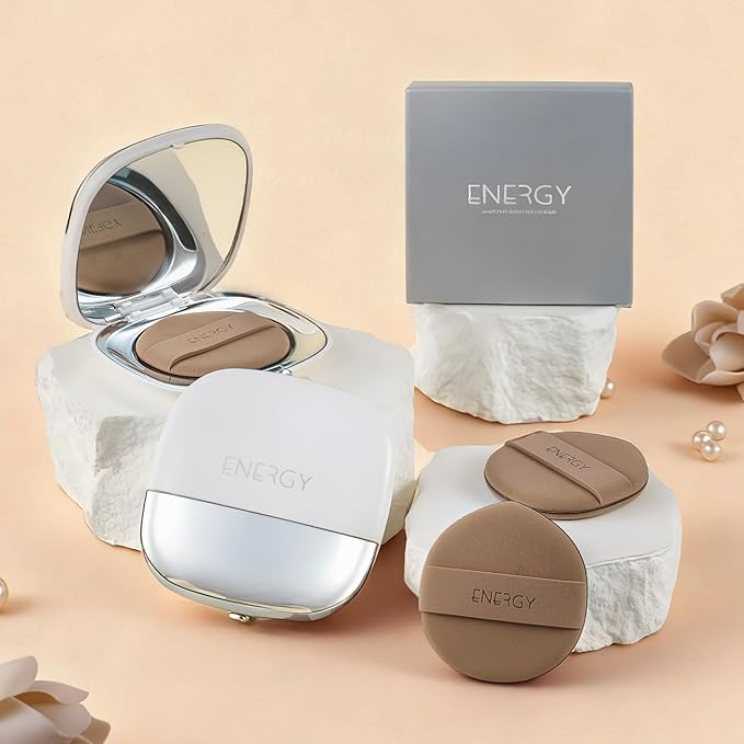 ENERGY Flat Foundation Brush with Mirror, Powder Puff & Mixing Palette 4-in-1, Travel Kabuki Makeup Brush for Liquid or Powder Cream Foundation, Magnetic Portable Kabuki Brushes On-The-Go Small White