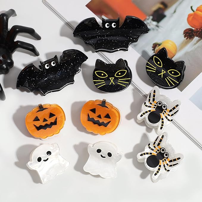 10Pcs Cute Halloween Hair Claw Clips for Girls, Mini Cat Bat Pumpkin Ghost Spider Hair Clips Halloween Headwear Hair Accessories (A Style)