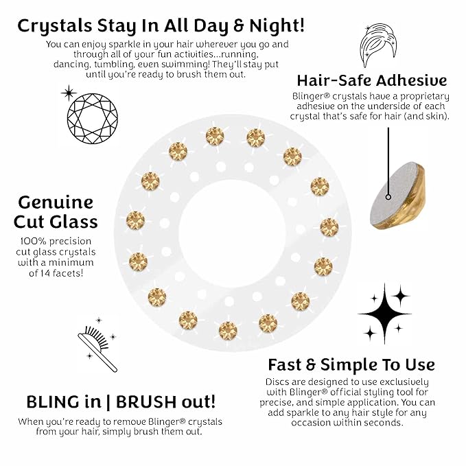 blinger® Shimmer Crystal Refill Pack – as seen on Shark Tank | 5 Discs – 75 Precision-Cut Glass Crystals | Hair-Safe Accessories | Styling Tool Not Included| Golden Honey 5 mm