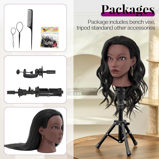 20 Inch Mannequin Head Human Hair with Stand,100% Real Hair Mannequin Head for Braiding,Cosmetology Manikin Doll Head for Styling with Mannequin Head Stand Table Clamp Hair Braiding Set