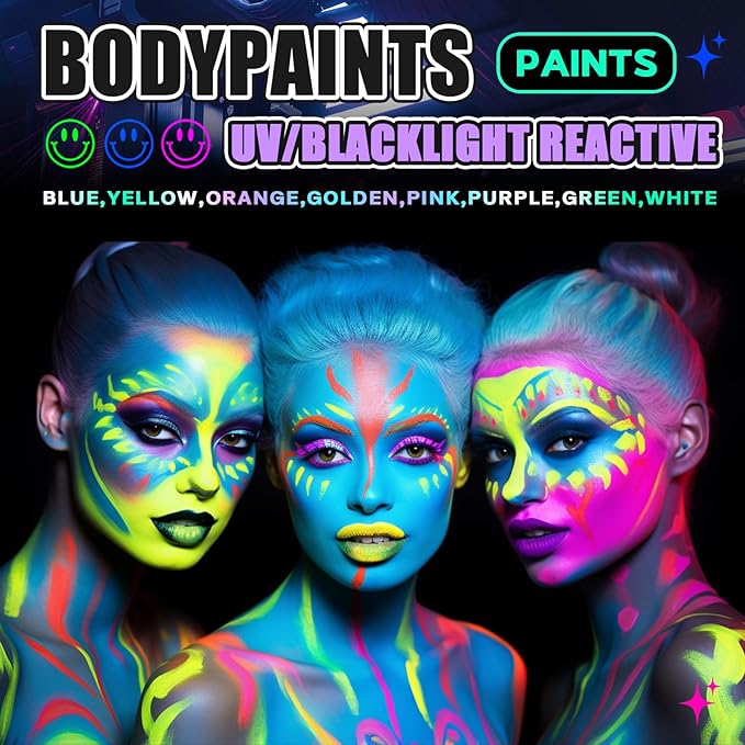Go Ho UV Blacklight Neon Purple Face Body Paint,Water Based Bright Color Neon Fluorescent Body Paint with Cushion Applicator,Glow In The Dark Under UV Lighting Party Halloween Makeup Washable