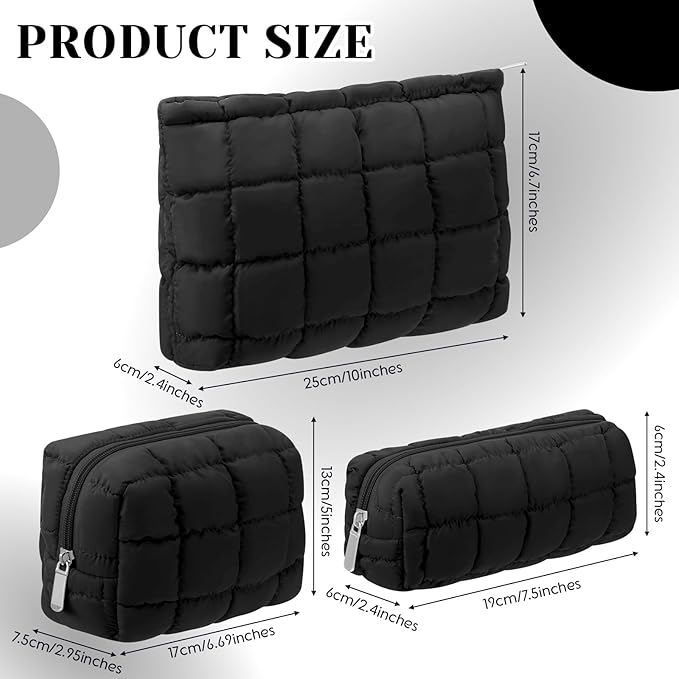 Huhumy 3 Pcs Puffy Makeup Bag Quilted Cosmetic Pouch for Women Cute Checkered Travel Toiletry Bag Puffer Makeup Organizer Purse Pouch Preppy Pencil Case with Zipper