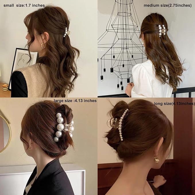 Hair Clips for Women, Large Pearl Hair Claw Clip Set Strong Hold No Slip, Banana Jaw Clip Barrettes, Hair Accessories Birthday Wedding Valentine's Day Gift for Girl Wife Styling Thick Thin (4 PCS)