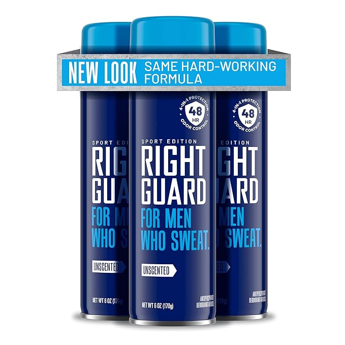 Right Guard Sport Unscented Antiperspirant & Deodorant Spray - 4-in-1 Protection Spray Deodorant For Men, Blocks Sweat, 48-Hour Odor Protection, Quick-Drying, & Long-Lasting, 6oz (3 Pack)