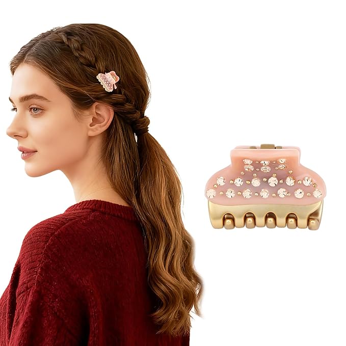 1.2" Mini Clover Claw Clips for Girls Kids - 18K Gold Plated Small Pink Hair Clips for Side Bangs & Braids, Rhinestone Hair Accessories for Fine Hair, Cute Birthday Gift for Daughter