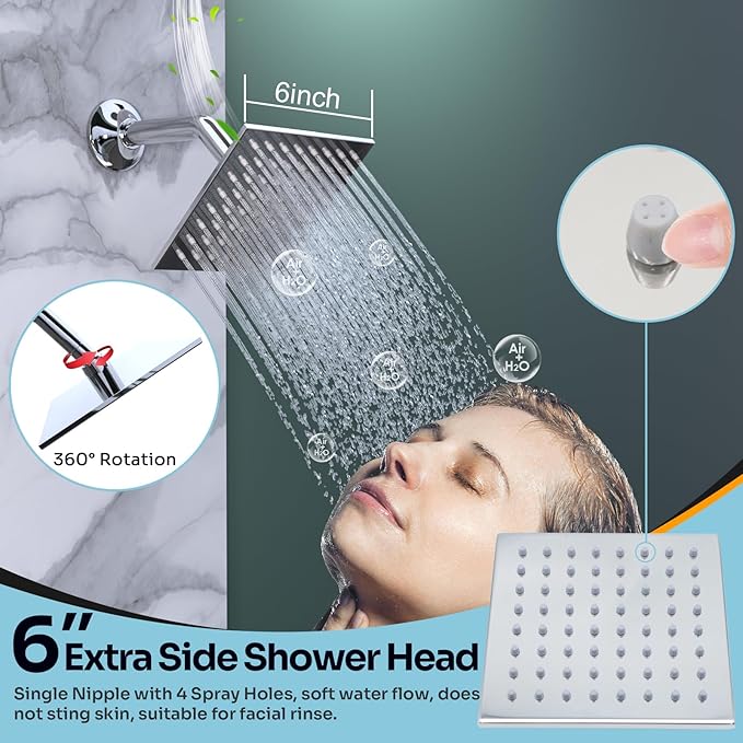 HOMEDEC Dual Shower Faucet Set for Couples, 16x32" & 6" Side Shower Heads, 4-Way Diverter Valves, Shower System with Body Jets & Handheld, Chrome
