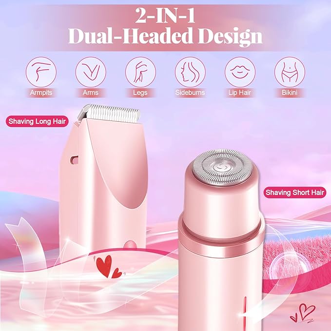 Bikini Trimmer for Women, 2-in-1 Painless Electric Razor with Ceramic Blade, Cordless for Sensitive Skin, Waterproof Dual Head Shaver Women for Facial and Body (Pink)