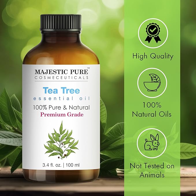 Majestic Pure Essential Oil with Glass Dropper - 100% Pure and Natural - Essential Oils for Diffuser, Aromatherapy, Soap and Candle Making, Tea Tree Essential Oil, Tea Tree Oil, 3.4 Fl Oz Pack of 2