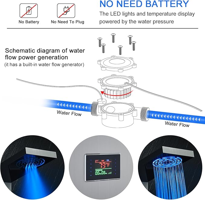 TSIBOMU LED Shower Panel Tower System, Stainless Steel Rainfall & Mist Shower Tower, 5 Body Jets, Handheld Shower, Tub Spout and Hydroelectricity Temperature Display, Brushed Nickel