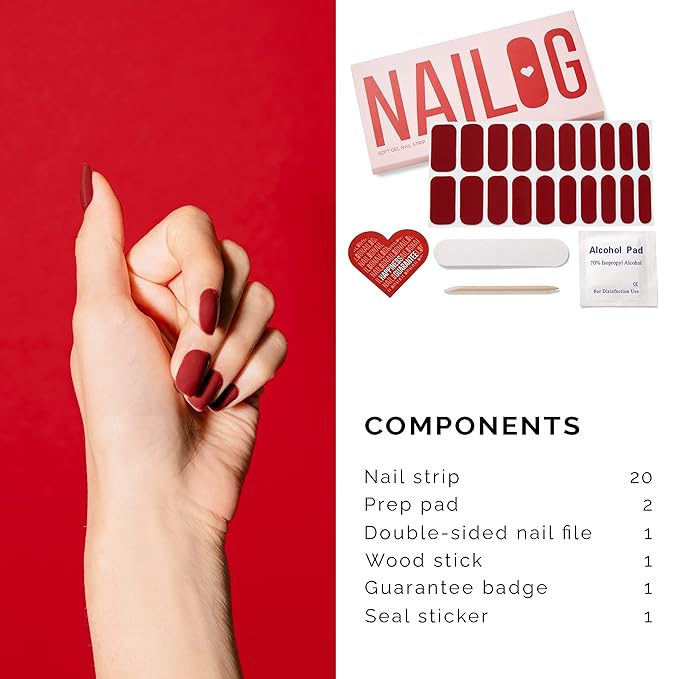 NAILOG Semi Cured Gel Nail Strips 20pcs Long Lasting Nail Polish Strips, Salon-Quality Gel Nail Sticker, Nail Art Wrap Kit with Glossy Gel Finishing│Rouge Noir