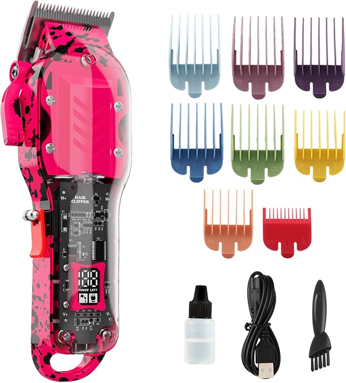 Professional Hair Clippers for Men, Cordless Barber kit for Hair Cutting & Grooming, Hair Clippers Set for Barber Haircut with LED Display 8 Fade Taper Combs(Pink)