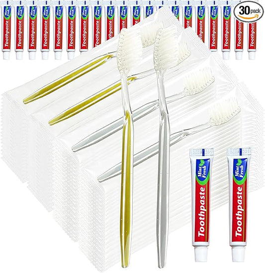 30pcs Disposable Toothbrushes with Toothpaste Individually Wrapped, 2 Color Disposable Toothbrush, 10g Toothpaste, Bulk Toothbrush Kit for Travel,Homeless,Hotel,Charity