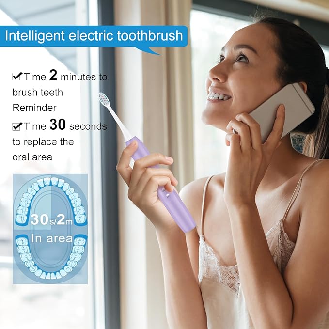 Electric Toothbrush Set, Comes with 8 Brush Heads & Travel Case,4 Modes with 2 Minutes Built in Smart Timer, One Charge for 60 Days, 42000 VPM Motor (Purple)