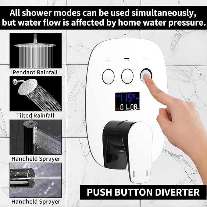 HONGTONGSOWER Chrome Shower Slide Bar System with 12inch Ceiling Rain Shower Head and 8inch Shower Faucet Set In Wall, Temperature Display Shower Faucet System Fixture with 2 in 1 Handheld Shower Wand