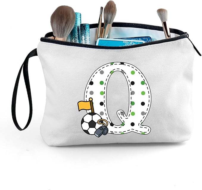ARIOSEY Soccer Gifts Personalized Soccer Ball Cosmetic Bag for Purse Birthday Inspirational Gifts for Girls Women Team Coach Mom Stuff Travel Organizer-Q