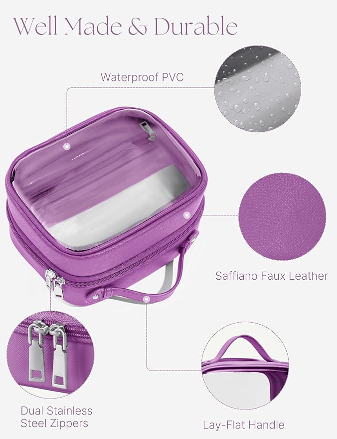 Oaque Clear Cosmetic Bag Double Layer Travel Toiletry Bag Clear Makeup Bag Case with 4 Compartments, Transparent Travel Bag for Toiletries, Large Toiletry Bag for Women Cosmetic Case (Purple, Small)