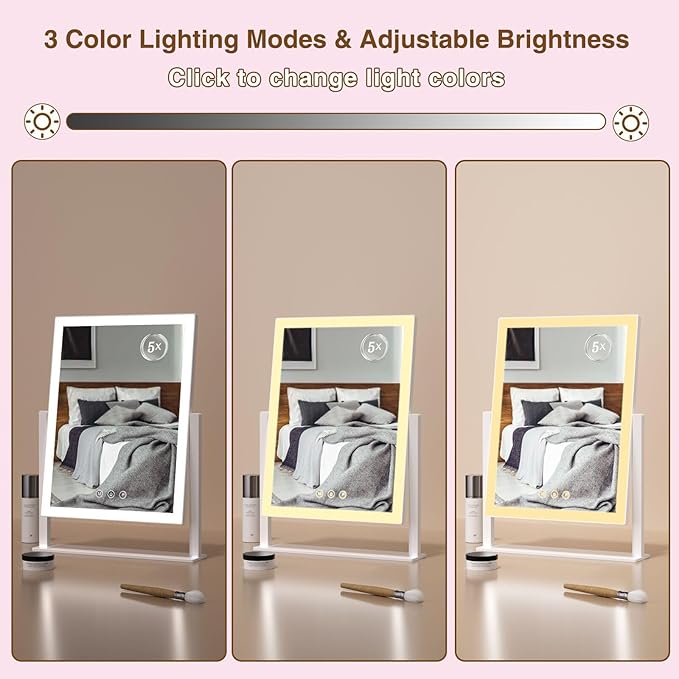 Lighted Makeup Mirror, Hollywood Vanity Mirror with 5X Magnification Mirror, 360°Rotation Touch Control, 3 Color Lighting for Desks Bedroom Dressing Room, Small